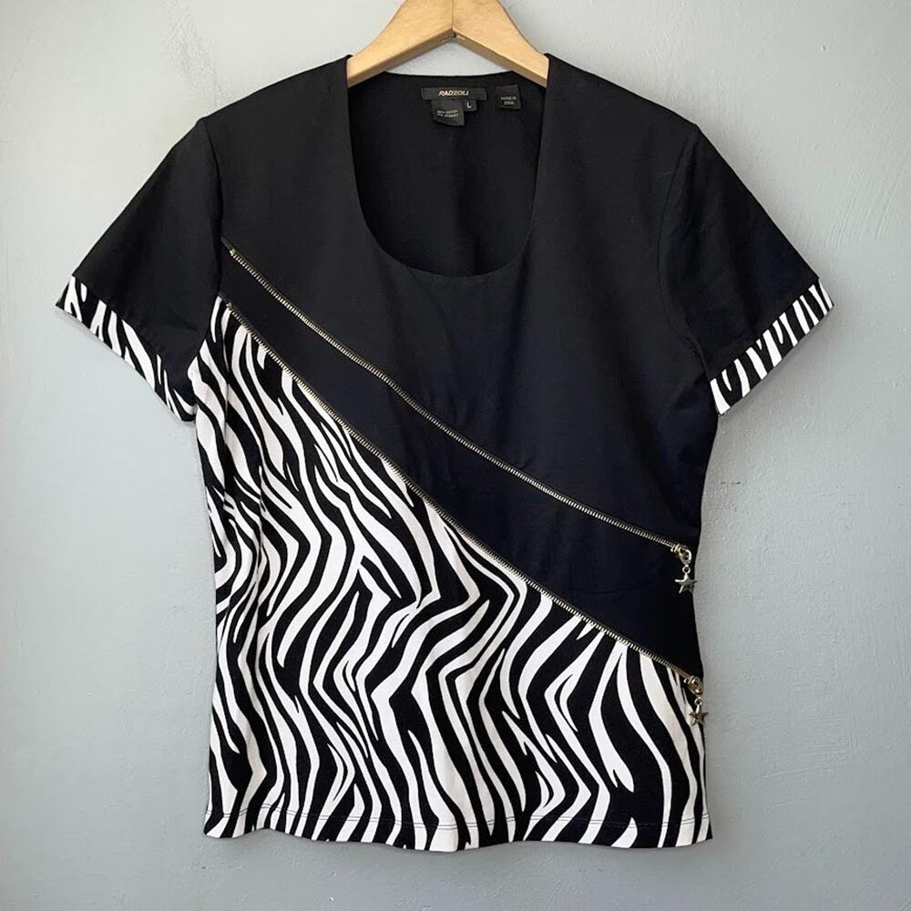 Radzoli Top Size Large Black White Zebra Print Mob Wife Glam Artsy Preppy Zipper